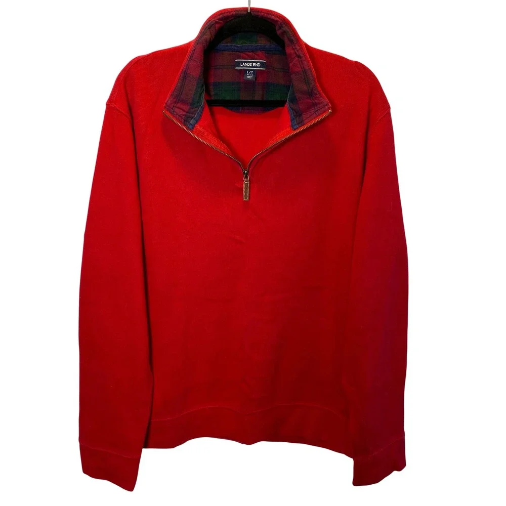 Lands' End Men's Long Sleeve Quarter Zip Pullover Sweater L T Red Plaid Collar‎